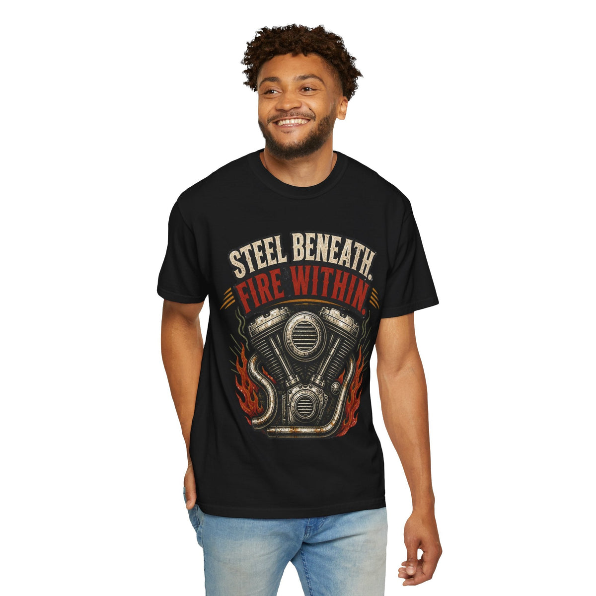 "Steel Beneath, Fire Within" Biker T-Shirt